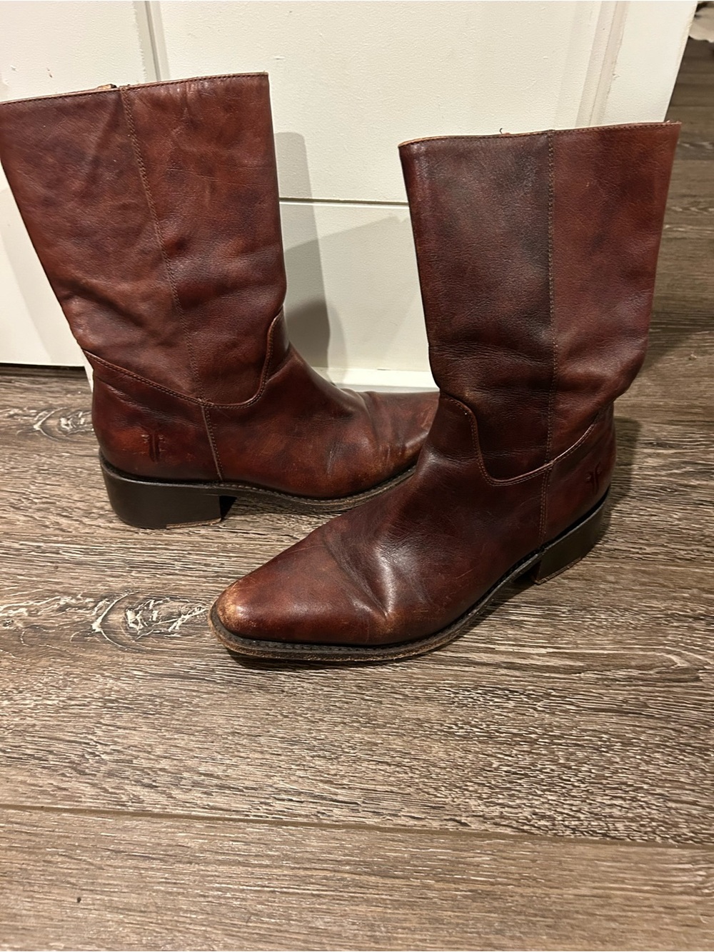 Frye Women's Brown Leather Mid-Calf Western Booties